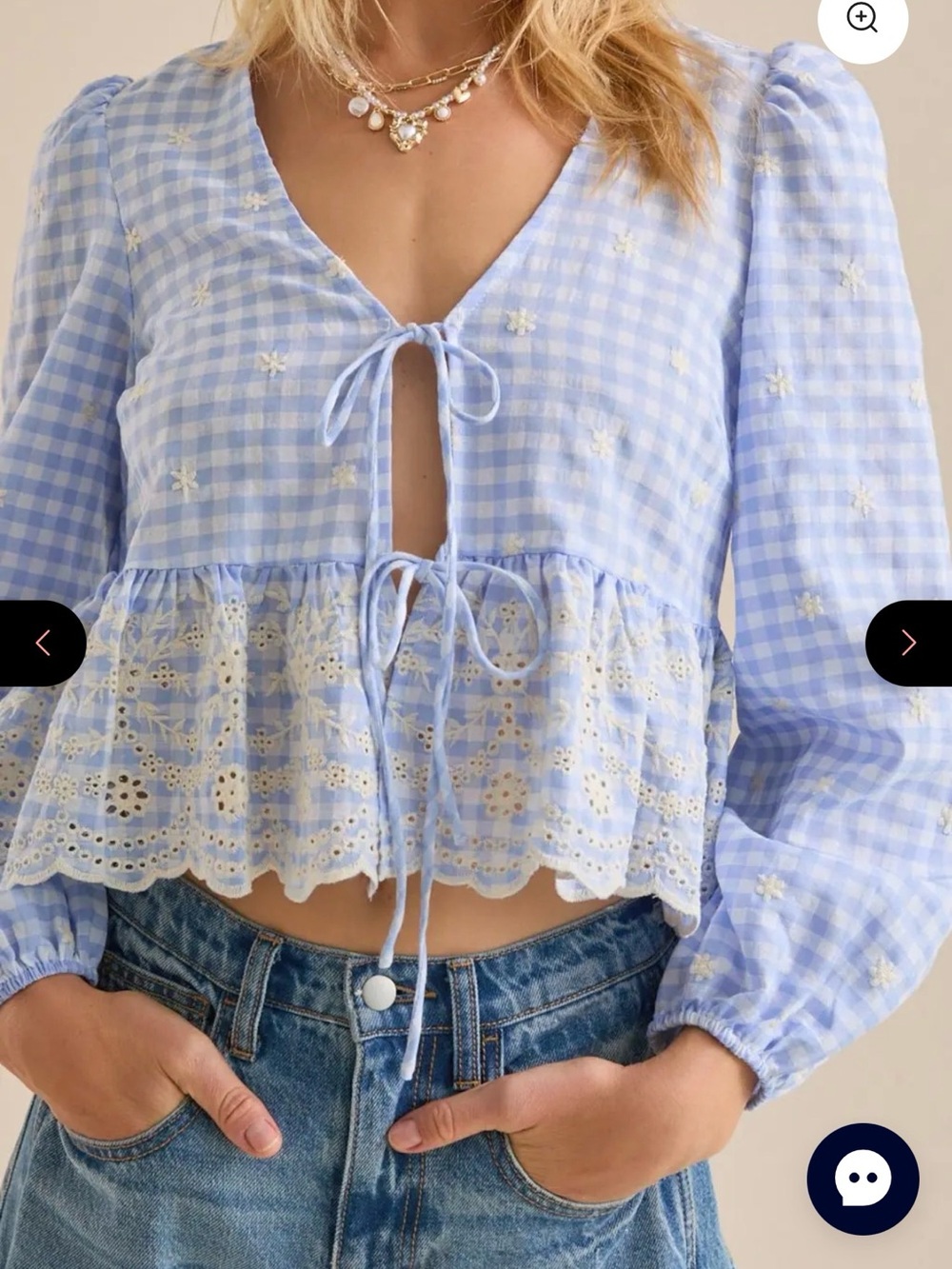 NWOT Lush Light Blue Gingham Tie-Front Peplum Blouse with White Embroidery M - Picture 4 of 9